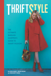Cover of ThriftStyle by Allison Engel, Reise Moore, and Margaret Engel; Woman in a red coat holding a multi-colored purse in front of a blue background with a red line in the left margin